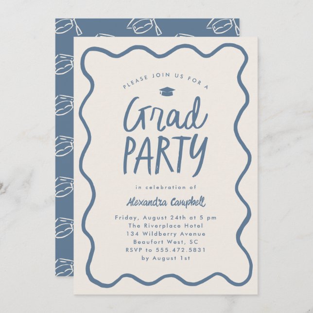 Dusty Blue Hand Drawn Squiggle Graduation Party Invitation (Front/Back)