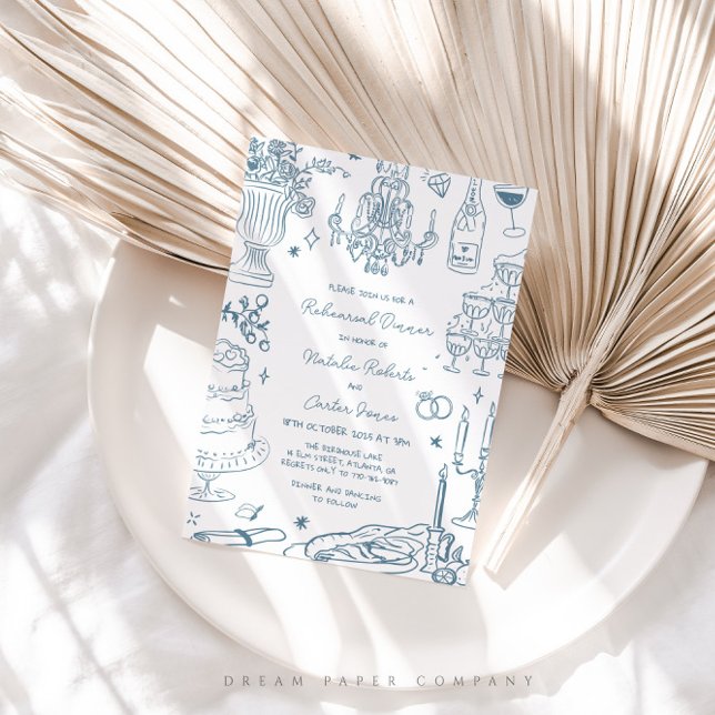 Dusty Blue Hand Drawn Whimsical Rehearsal Dinner Invitation (Creator Uploaded)