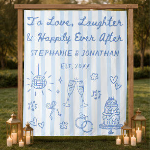 Dusty Blue Hand Drawn Whimsical Wedding Backdrop Tapestry