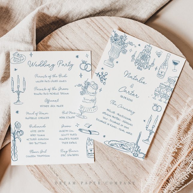 Dusty Blue Hand Drawn Whimsical Wedding Program Invitation (Creator Uploaded)