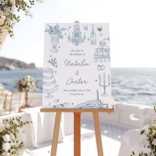 Dusty Blue Hand Drawn Whimsical Wedding Welcome Faux Canvas Print
