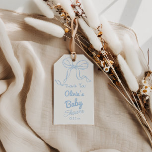 Dusty Blue Hand Written Drawn Bow Baby Boy Shower  Gift Tags