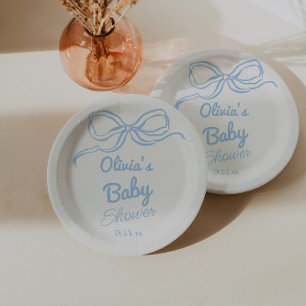 Dusty Blue Hand Written Drawn Bow Baby Boy Shower Paper Plate