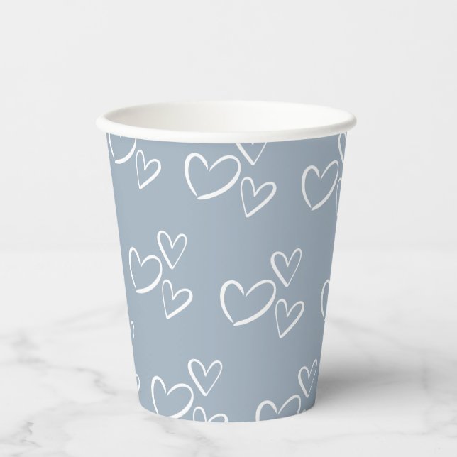 Dusty Blue Handdrawn Hearts Baby Shower Paper Cups (Front)