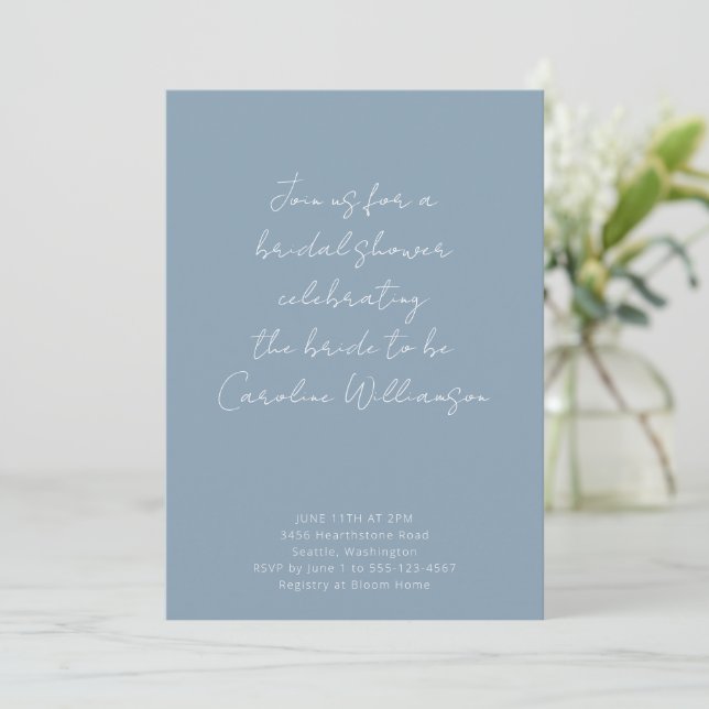 Dusty Blue Handwriting Script Custom Bridal Shower Invitation (Standing Front)
