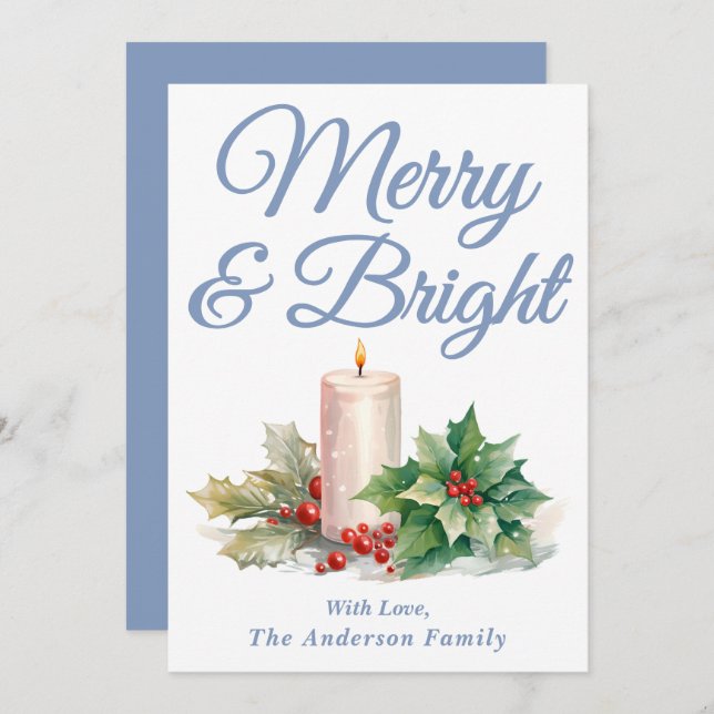 Dusty Blue Handwritten Script Merry & Bright Holiday Card (Front/Back)