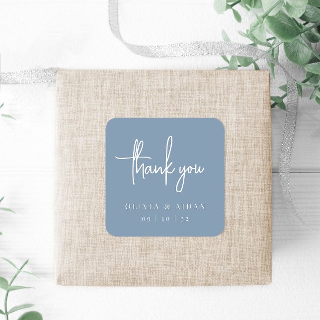 Dusty Blue | Handwritten Script Wedding Thank You Square Sticker (Creator Uploaded)