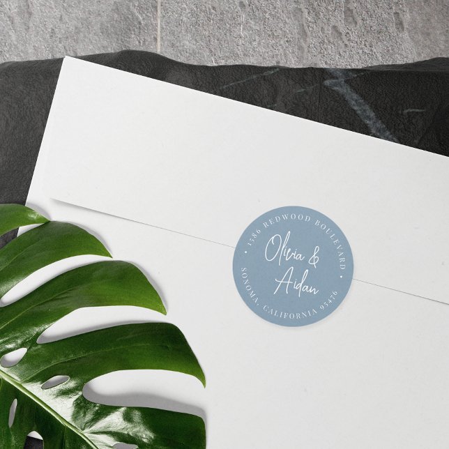 Dusty Blue Handwritten Wedding Return Address Classic Round Sticker (Creator Uploaded)