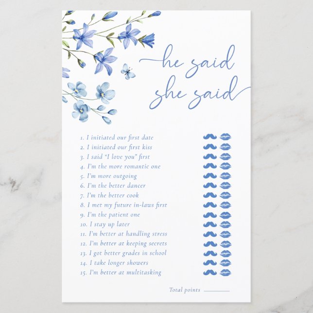Dusty Blue He Said She Said Bridal Shower Game (Front)