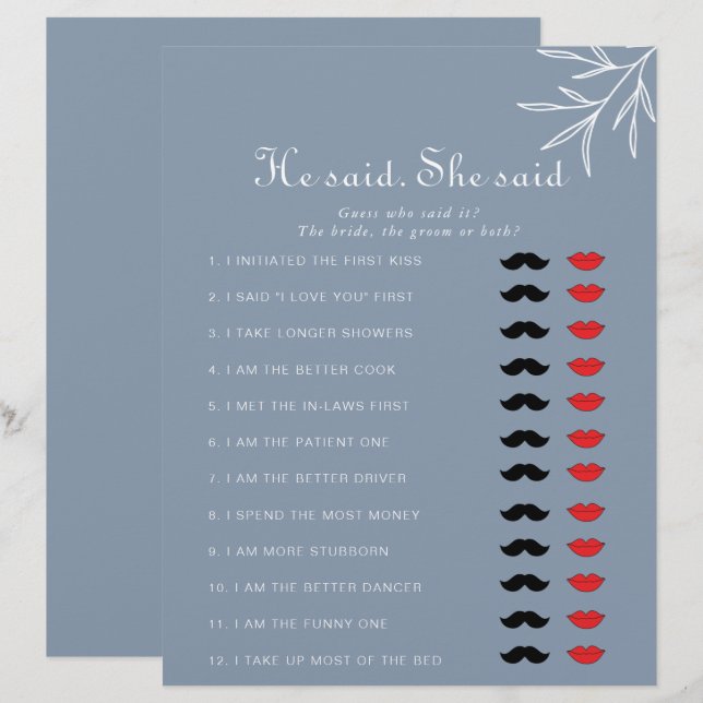 Dusty Blue He Said She Said Bridal Shower Game (Front/Back)
