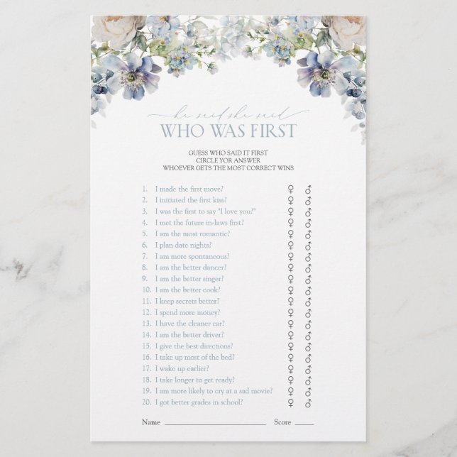 Dusty Blue He Said She Said Floral Shower Game (Front)