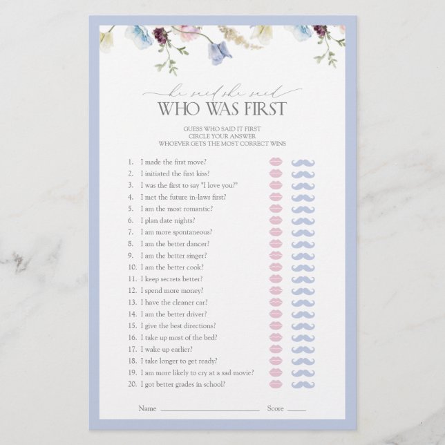 Dusty Blue He Said She Said Wildflower Shower Game (Front)