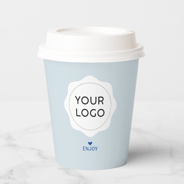 Dusty Blue & Heart Business Logo Custom Paper Paper Cups (Front)