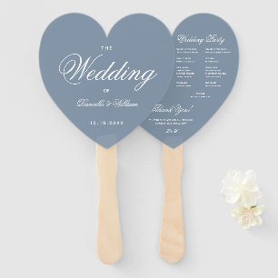 Dusty Blue Heart Elegant Script Wedding Program Hand Fan