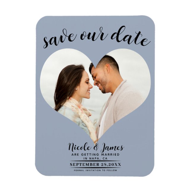 Dusty Blue Heart Photo Wedding Save the Date Magnet (Vertical)