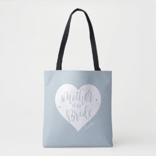 Dusty blue heart & script mother of the bride tote bag