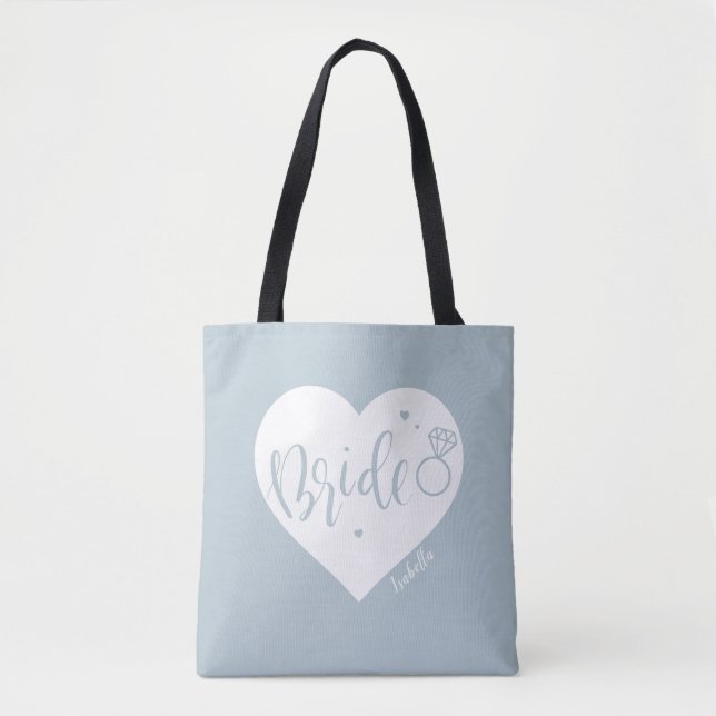Dusty blue heart & script personalised bridesmaid tote bag (Front)