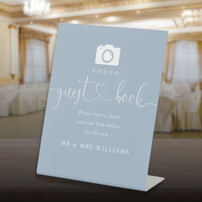 Dusty Blue Heart Script Photo Guest Book Pedestal Sign (Dusty Blue Heart Script Photo Guest Book Pedestal Sign)