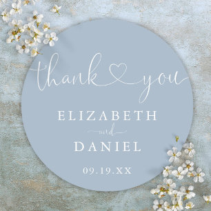 Dusty Blue Heart Script Thank You Wedding Favour Classic Round Sticker