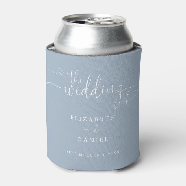 Dusty Blue Heart Script Wedding Can Cooler (Can Front)