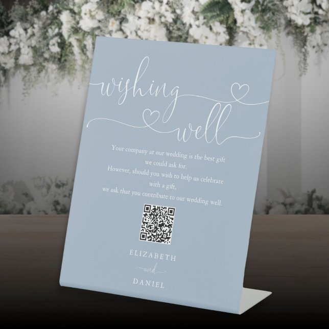 Dusty Blue Heart Script Wishing Well QR Code Pedestal Sign (Dusty Blue Heart Script Wishing Well QR Code Pedestal Sign)