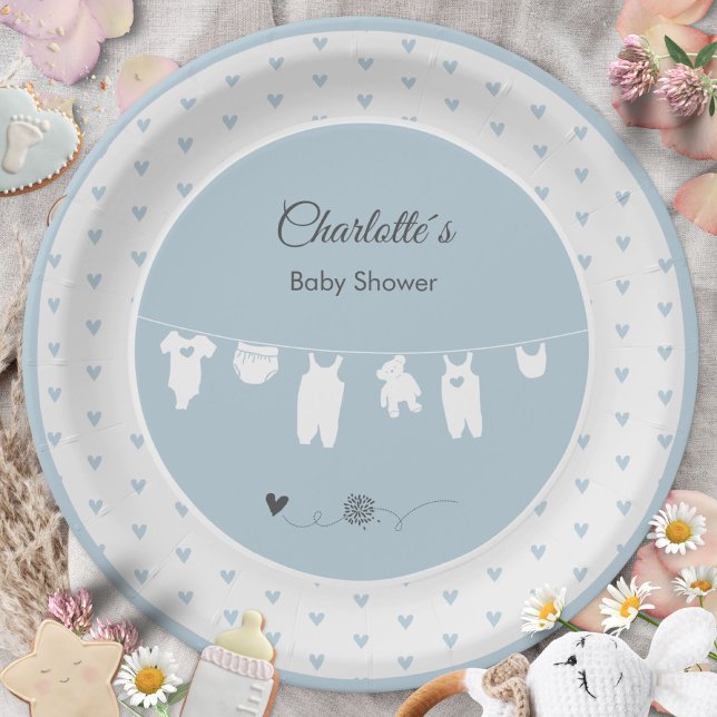 Dusty Blue Hearts Boho Baby Boy Shower Paper Plate (Dusty Blue Hearts Boho Baby Boy Shower Paper Plates ©Susanne Sachers - Sunny Mind 🌞 )