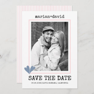 Dusty blue hearts pink typewriter wedding photo save the date