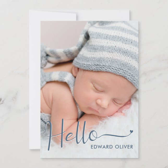 Dusty Blue Hello Baby Photo Birth Announcement (Front)