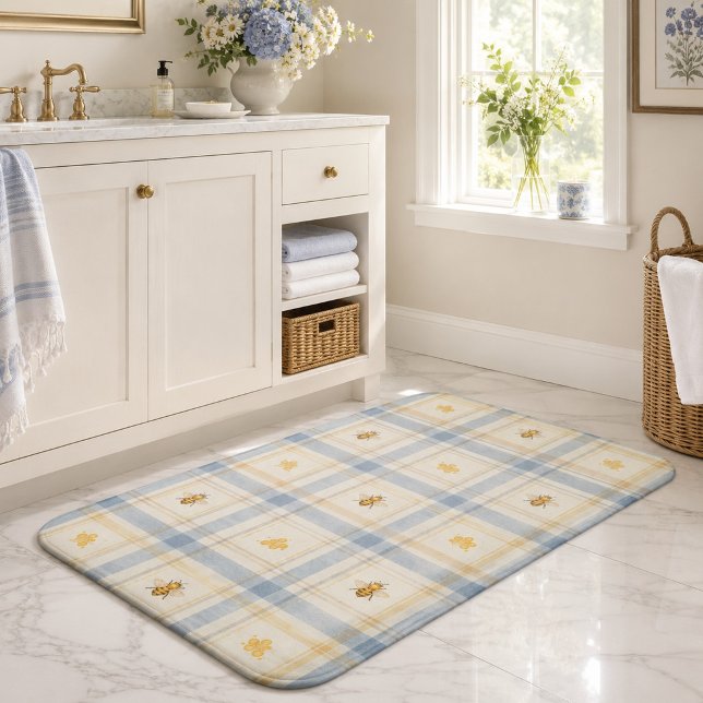 Dusty Blue Honeybee Plaid Charming Bee  Bath Mat (Creator Uploaded)