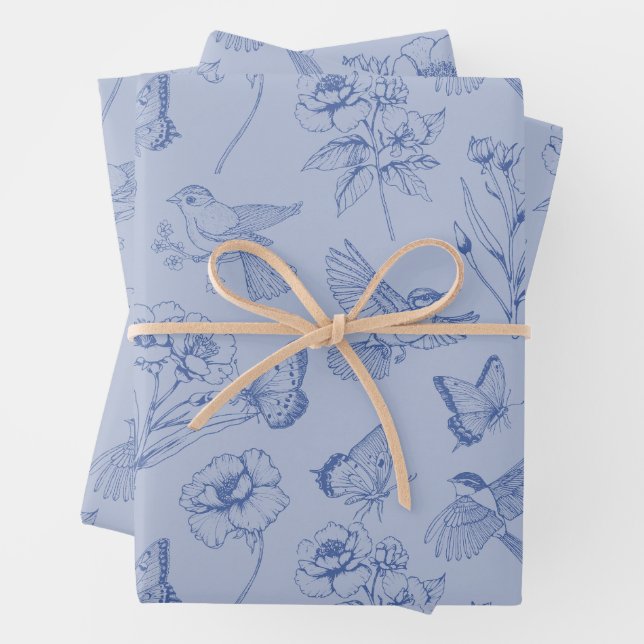 Dusty Blue Hummingbird & Butterfly Floral Wrapping Wrapping Paper Sheet (In situ)