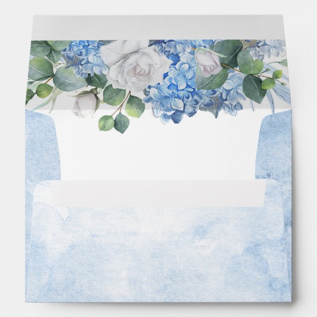 Dusty Blue Hydrangea and White Flowers Elegant Envelope (Back (Bottom))
