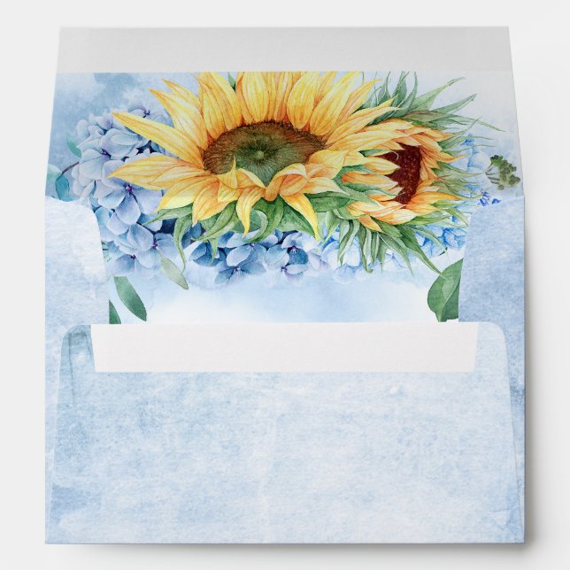 Dusty Blue Hydrangea and Yellow Sunflower Elegant Envelope (Back (Bottom))