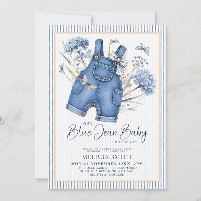Dusty Blue Hydrangea Blue Jean Baby Shower Invitation (Front)