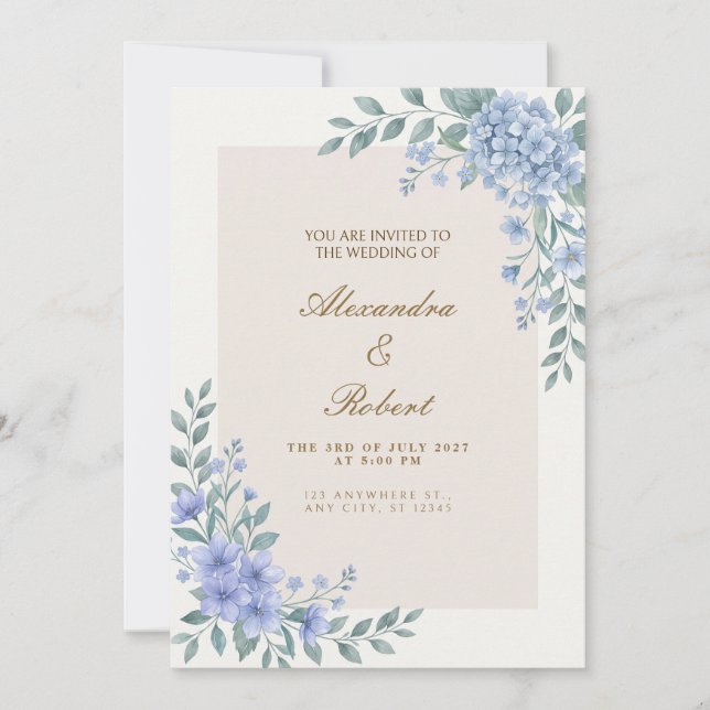 Dusty Blue Hydrangea Botanical Wedding Invitation (Front)