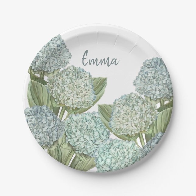 Dusty Blue Hydrangea Bouquet Paper Plate (Front)