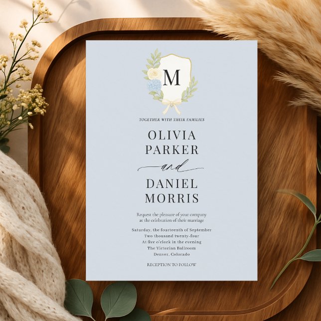 Dusty Blue Hydrangea Bow Crest Monogram Wedding Invitation (Creator Uploaded)