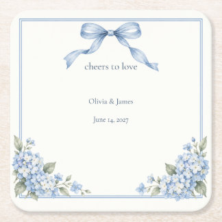 Dusty Blue Hydrangea Bow Wedding Cocktail Square Paper Coaster
