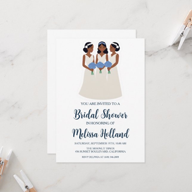 dusty blue hydrangea bridal shower invitations (Front/Back In Situ)