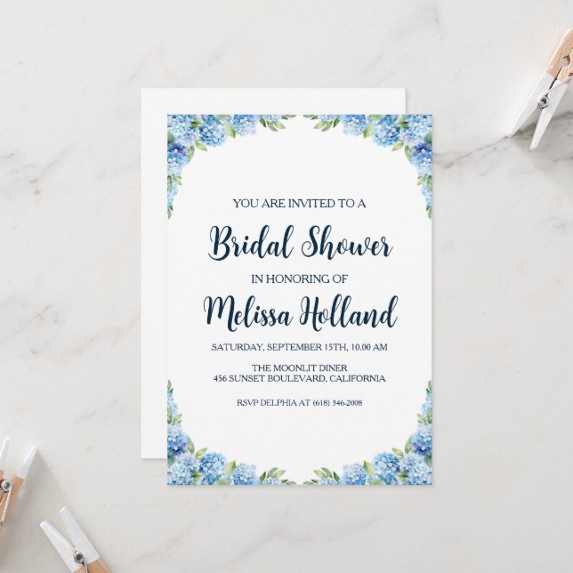 dusty blue hydrangea bridal shower invitations (Front/Back In Situ)