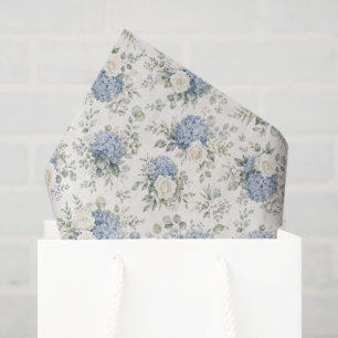 Dusty Blue Hydrangea Cream White Rose Floral Tissue Paper
