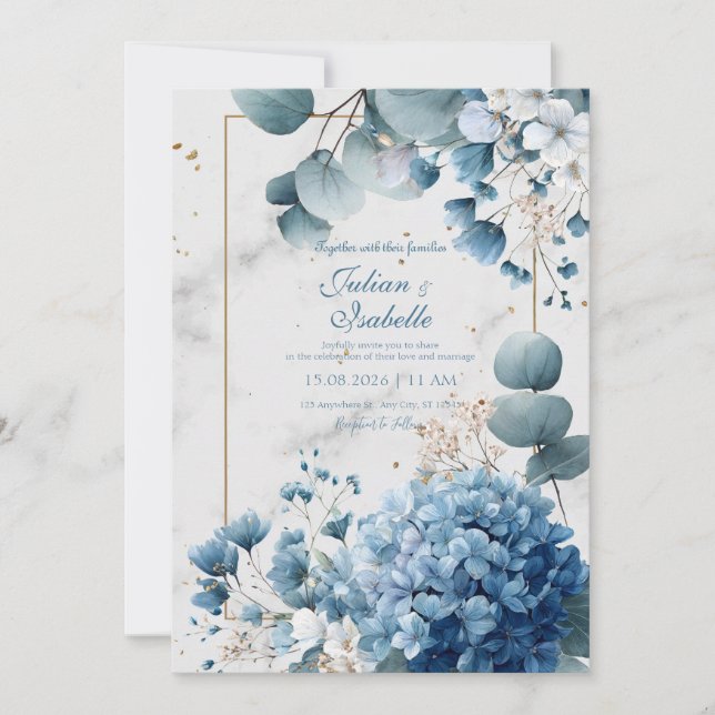 Dusty Blue Hydrangea Eucalyptus Gold Marble Invitation (Front)