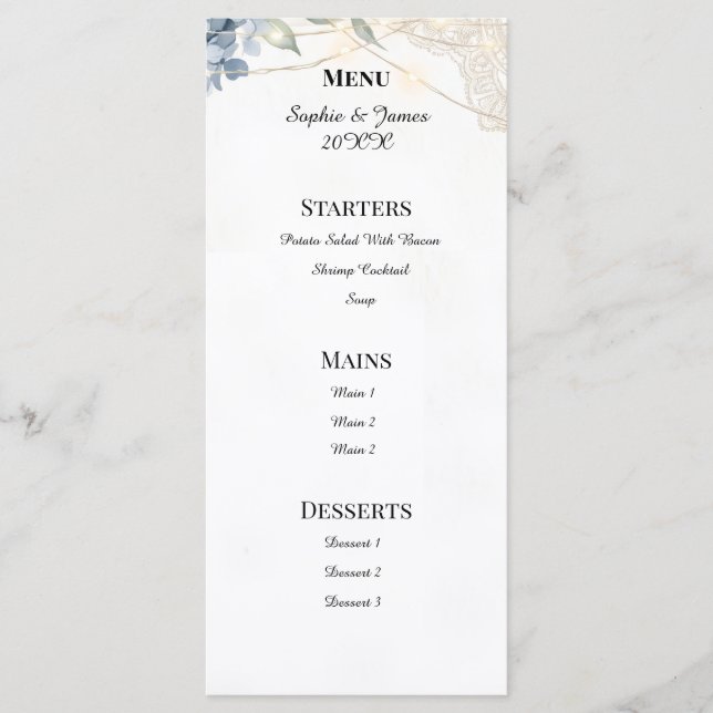 Dusty Blue Hydrangea Eucalyptus Marble Wedding Men Menu (Front)