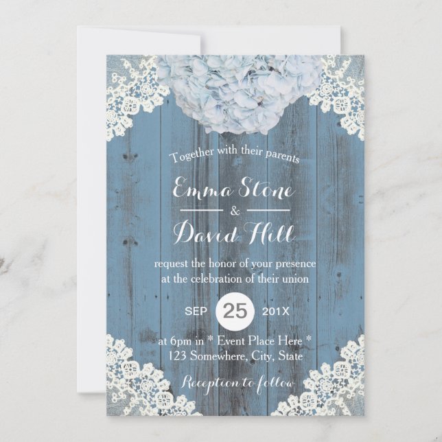 Dusty Blue Hydrangea Floral Lace Barn Wood Wedding Invitation (Front)