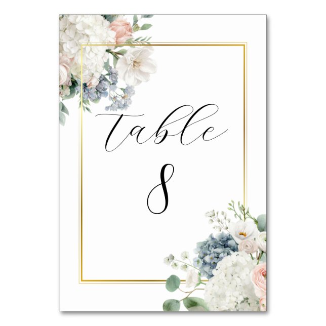 Dusty Blue Hydrangea Floral Table Number Cards (Front)