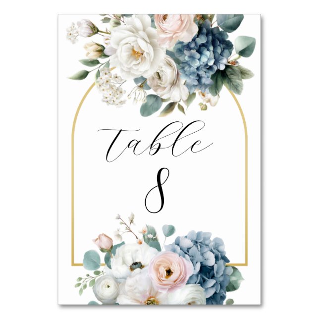 Dusty Blue Hydrangea Floral Table Number Cards (Front)