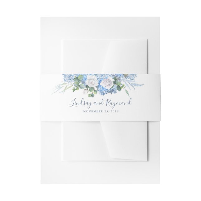 Dusty Blue Hydrangea Floral Wedding Invitation Belly Band (Front Example)