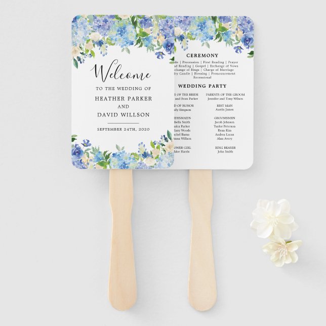Dusty Blue Hydrangea Floral Wedding Program Fans (Front and Back)