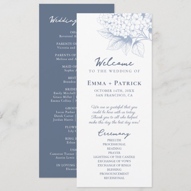 Dusty Blue Hydrangea Floral Wedding Programme (Front/Back)