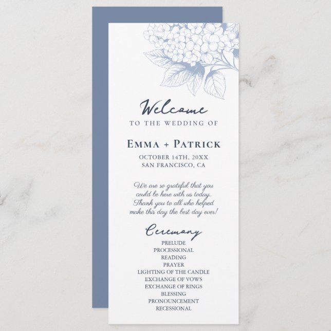 Dusty Blue Hydrangea Floral Wedding Programme (Front/Back)