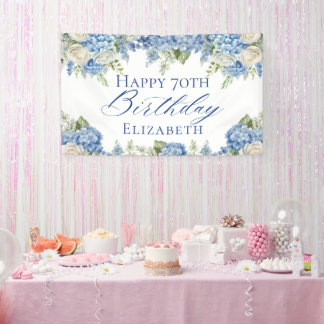 Dusty Blue Hydrangea Flowers Roses Happy Birthday Banner